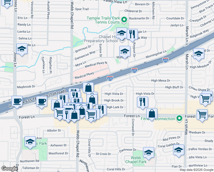 map of restaurants, bars, coffee shops, grocery stores, and more near 12020 High Meadow Drive in Dallas