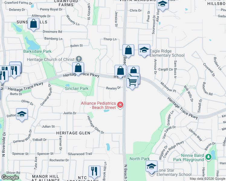 map of restaurants, bars, coffee shops, grocery stores, and more near 9524 Peat Court in Fort Worth