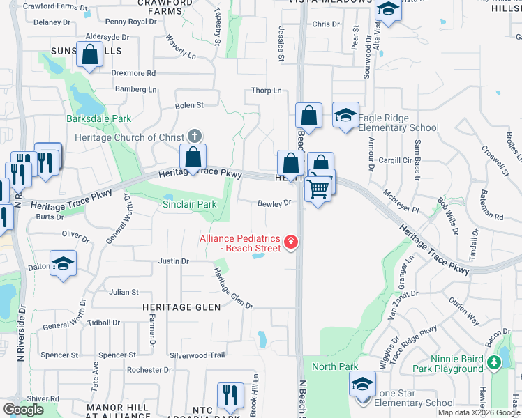 map of restaurants, bars, coffee shops, grocery stores, and more near 9524 Peat Court in Fort Worth