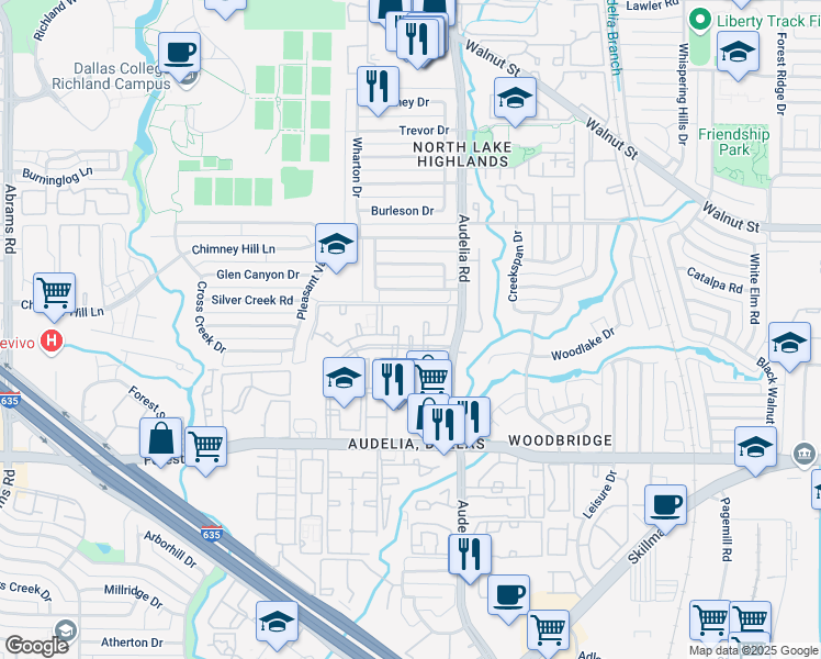 map of restaurants, bars, coffee shops, grocery stores, and more near 12111 Audelia Road in Dallas