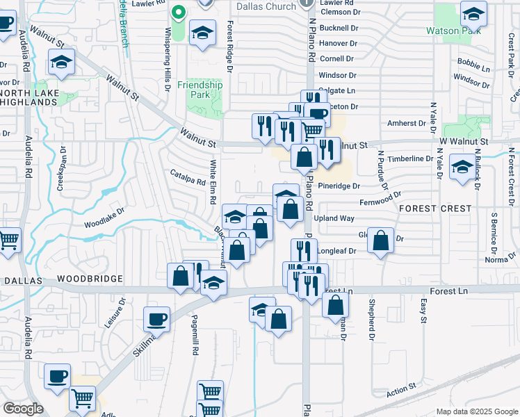 map of restaurants, bars, coffee shops, grocery stores, and more near 12213 Plano Road in Dallas