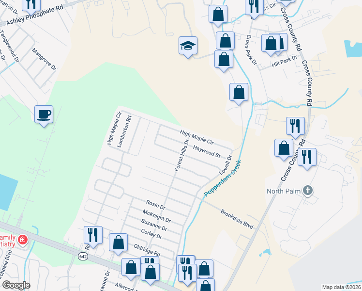 map of restaurants, bars, coffee shops, grocery stores, and more near 7705 Haywood Street in North Charleston