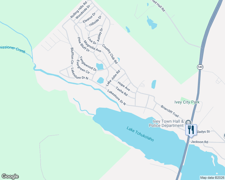 map of restaurants, bars, coffee shops, grocery stores, and more near 166 Lakeshore Drive North in Ivey