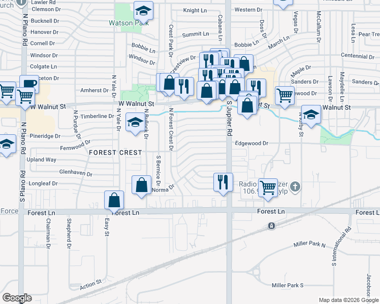 map of restaurants, bars, coffee shops, grocery stores, and more near 3717 Cherryhill Lane in Garland