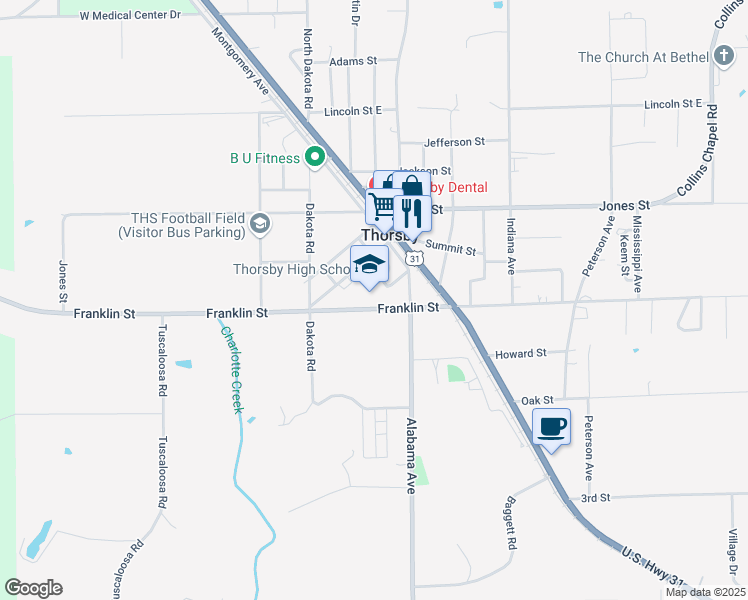 map of restaurants, bars, coffee shops, grocery stores, and more near 54 Opportunity Drive in Thorsby
