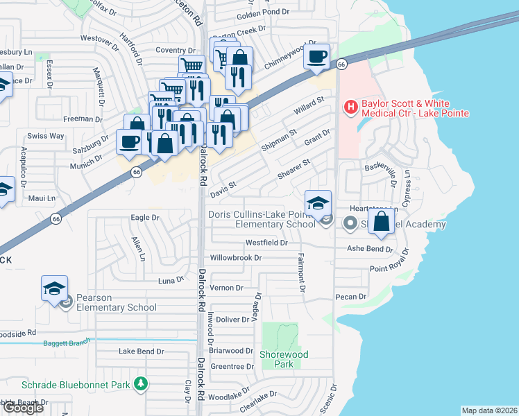 map of restaurants, bars, coffee shops, grocery stores, and more near 9009 Millwood Drive in Rowlett