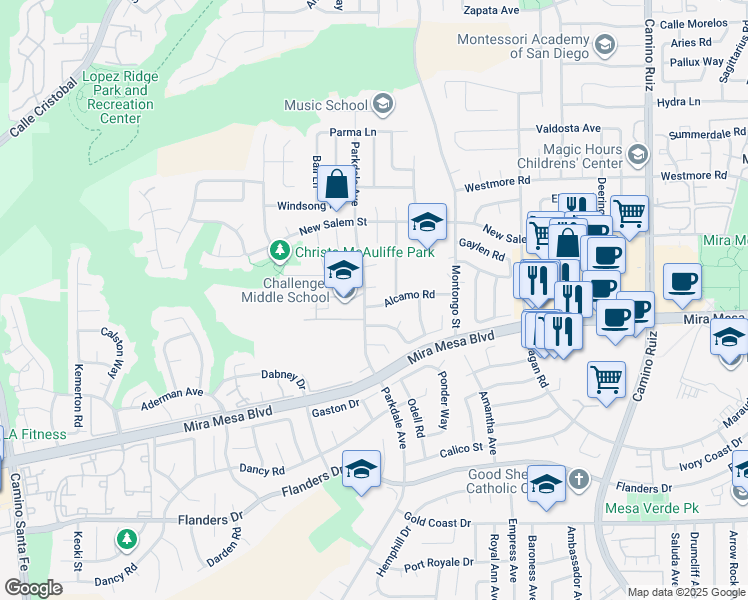 map of restaurants, bars, coffee shops, grocery stores, and more near 7736 Alcamo Road in San Diego