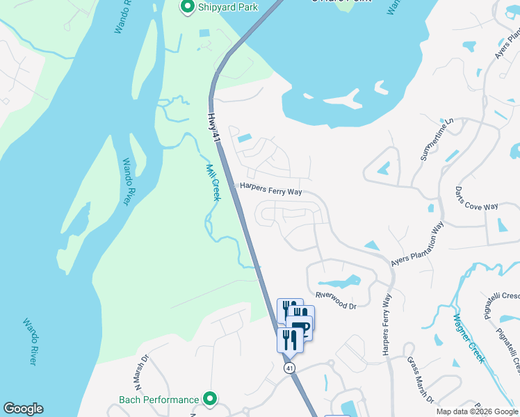 map of restaurants, bars, coffee shops, grocery stores, and more near 3057 Sturbridge Road in Mount Pleasant