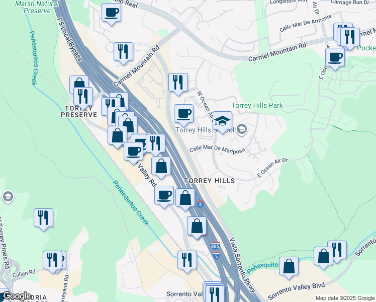 map of restaurants, bars, coffee shops, grocery stores, and more near 10905 Vista Sorrento Parkway in San Diego