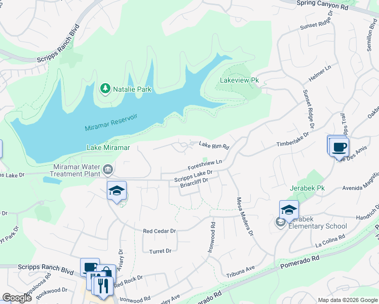 map of restaurants, bars, coffee shops, grocery stores, and more near 10555 Pine Falls Court in San Diego