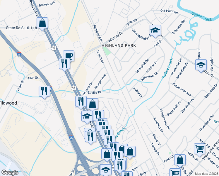 map of restaurants, bars, coffee shops, grocery stores, and more near 6262 Lucille Drive in North Charleston