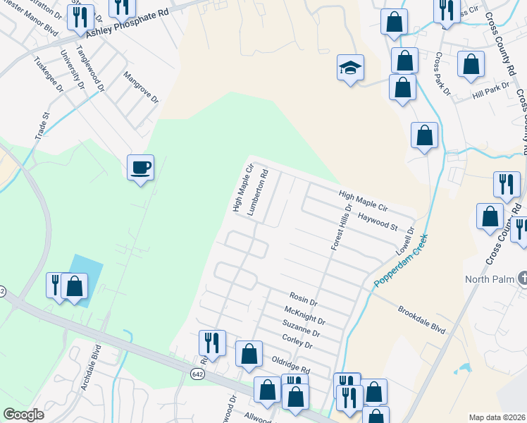 map of restaurants, bars, coffee shops, grocery stores, and more near 7804 Spring Creek Road in North Charleston