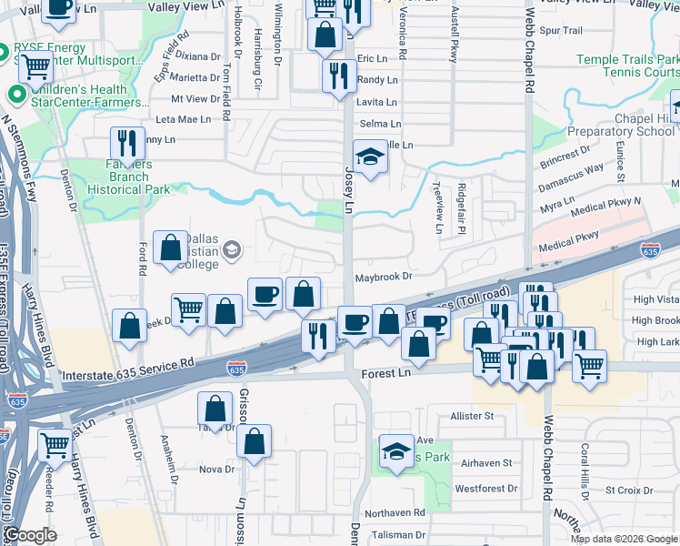 map of restaurants, bars, coffee shops, grocery stores, and more near 11993 Josey Lane in Dallas