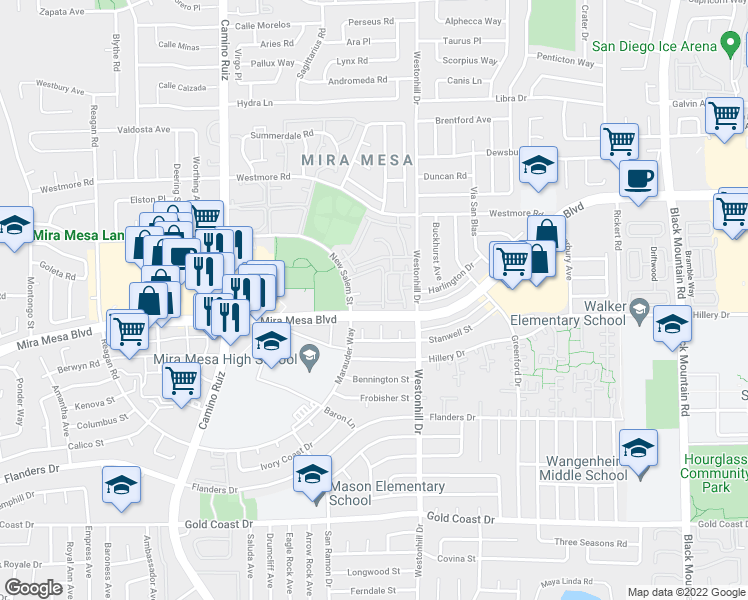 map of restaurants, bars, coffee shops, grocery stores, and more near 8670 New Salem Street in San Diego