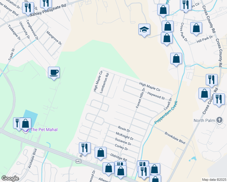 map of restaurants, bars, coffee shops, grocery stores, and more near 7804 Spring Creek Road in North Charleston