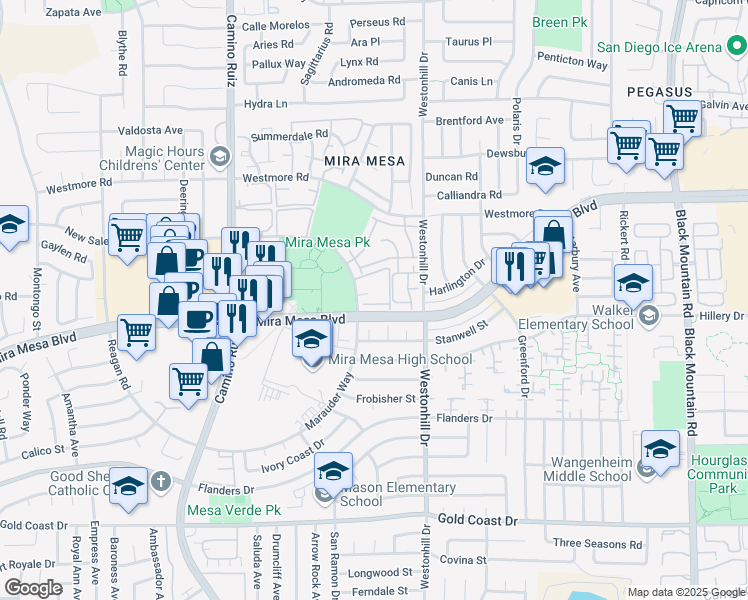 map of restaurants, bars, coffee shops, grocery stores, and more near 8684 New Salem Street in San Diego