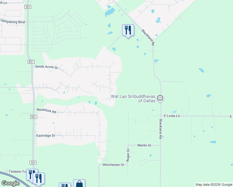 map of restaurants, bars, coffee shops, grocery stores, and more near 38 Eastview Drive in Royse City