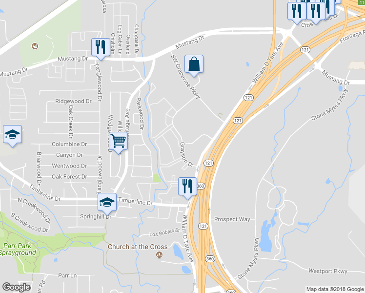 map of restaurants, bars, coffee shops, grocery stores, and more near 2140 Grayson Drive in Grapevine