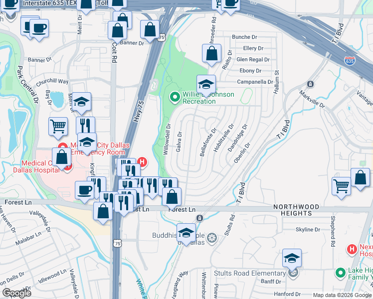 map of restaurants, bars, coffee shops, grocery stores, and more near 12050 Galva Drive in Dallas