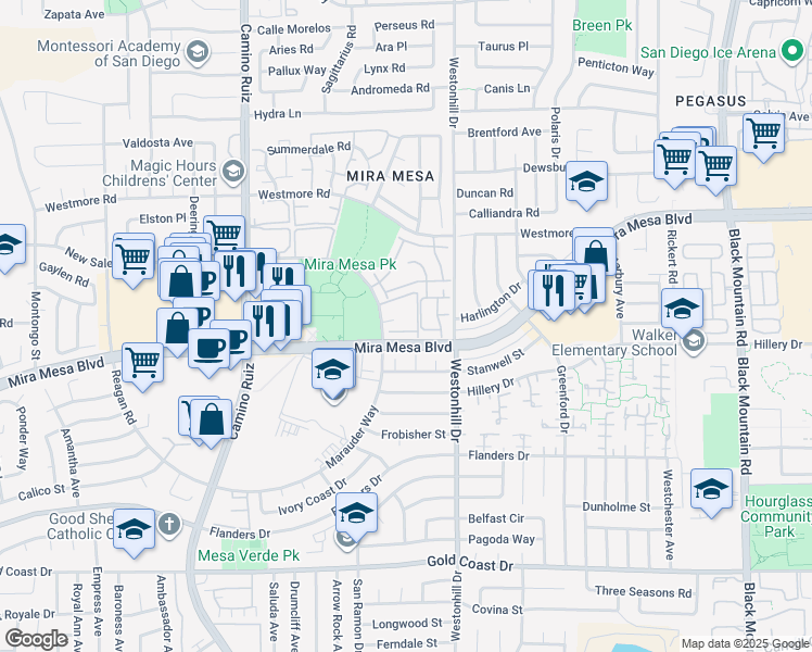 map of restaurants, bars, coffee shops, grocery stores, and more near 8620 Mira Mesa Boulevard in San Diego