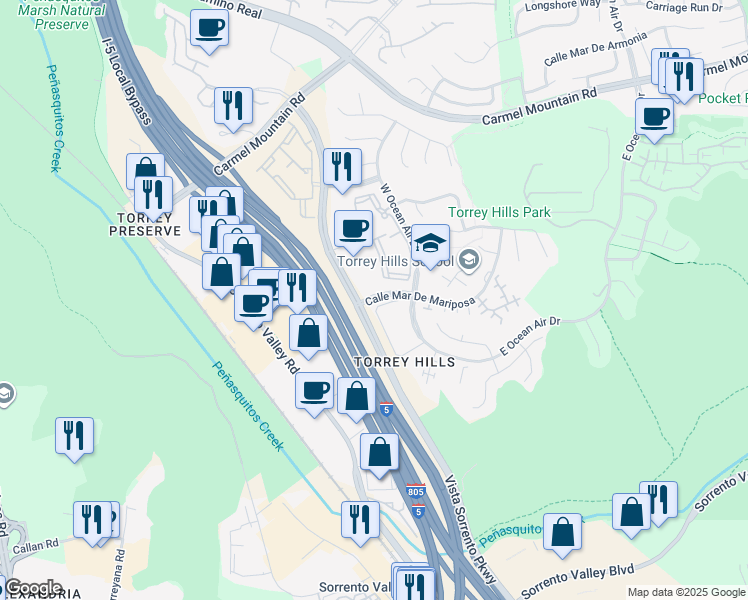 map of restaurants, bars, coffee shops, grocery stores, and more near 10905 Vista Sorrento Parkway in San Diego