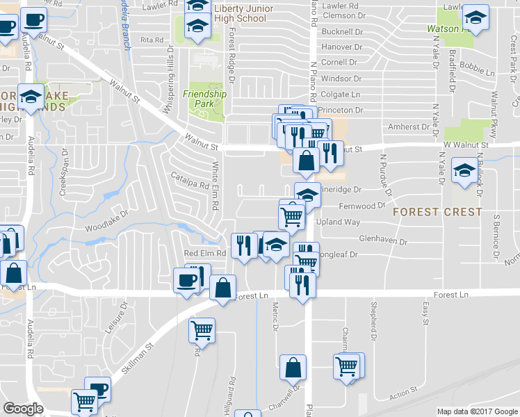 map of restaurants, bars, coffee shops, grocery stores, and more near 12213 Plano Road in Dallas