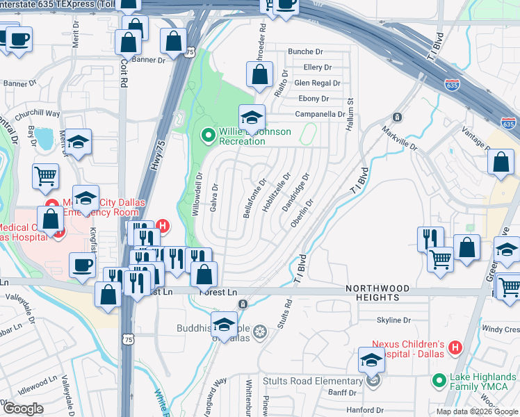 map of restaurants, bars, coffee shops, grocery stores, and more near 12028 Hoblitzelle Drive in Dallas