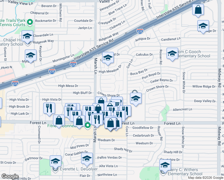 map of restaurants, bars, coffee shops, grocery stores, and more near 3755 Crown Shore Drive in Dallas