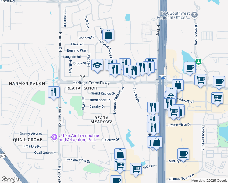 map of restaurants, bars, coffee shops, grocery stores, and more near 2424 Grand Rapids Drive in Fort Worth