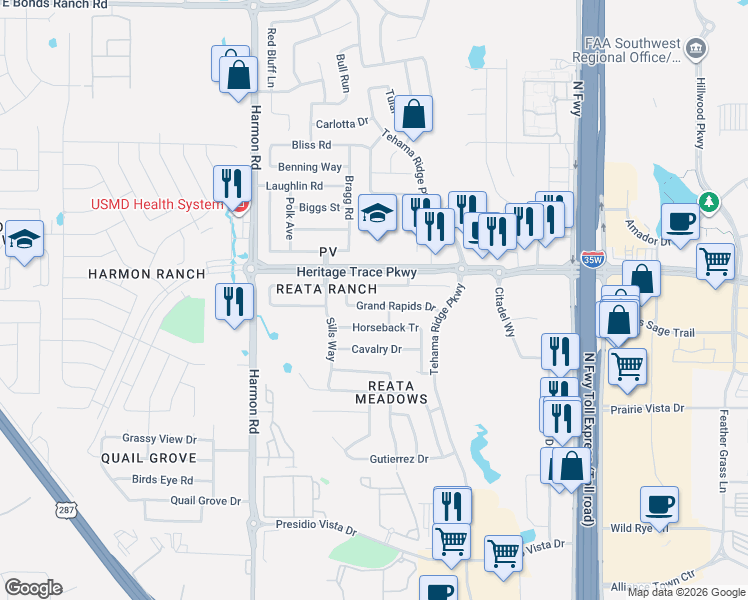 map of restaurants, bars, coffee shops, grocery stores, and more near 2340 Grand Rapids Drive in Fort Worth