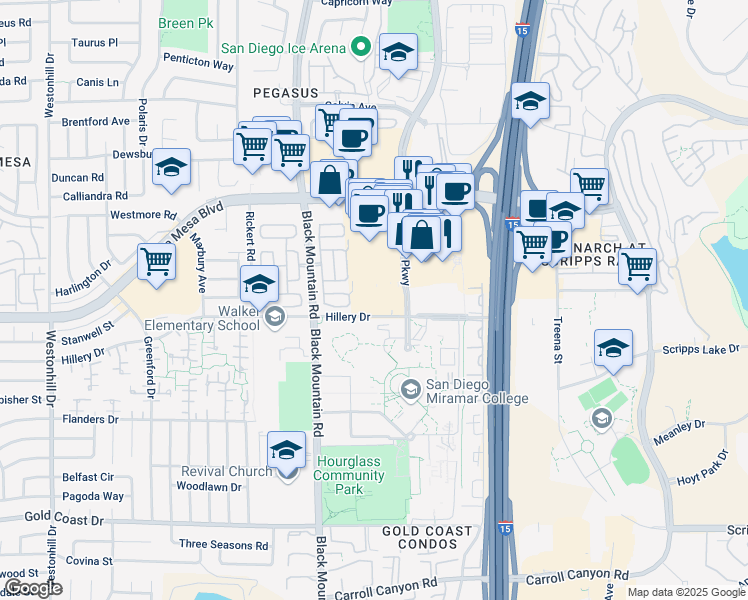 map of restaurants, bars, coffee shops, grocery stores, and more near 34 in San Diego
