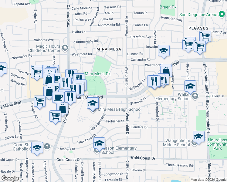 map of restaurants, bars, coffee shops, grocery stores, and more near 8682 New Salem Street in San Diego