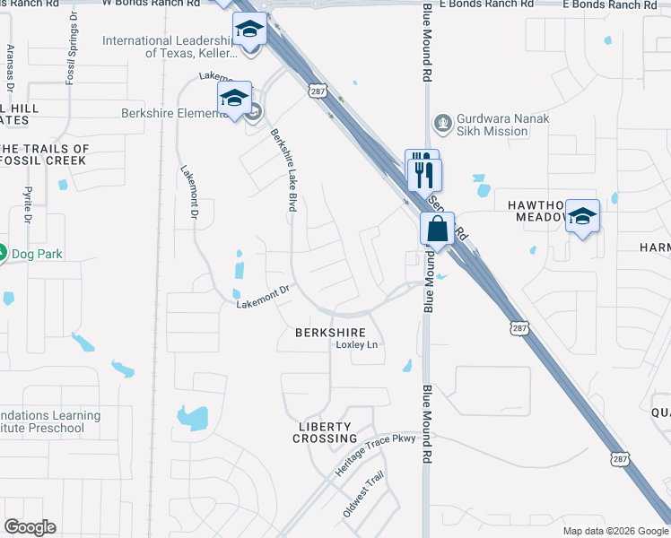 map of restaurants, bars, coffee shops, grocery stores, and more near 629 Bridgewater Road in Fort Worth