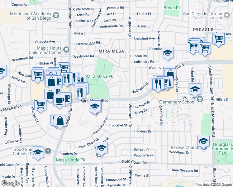 map of restaurants, bars, coffee shops, grocery stores, and more near 8672 New Salem Street in San Diego