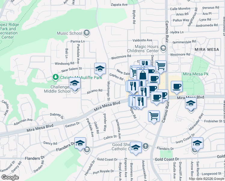 map of restaurants, bars, coffee shops, grocery stores, and more near 10762 Fenwick Road in San Diego