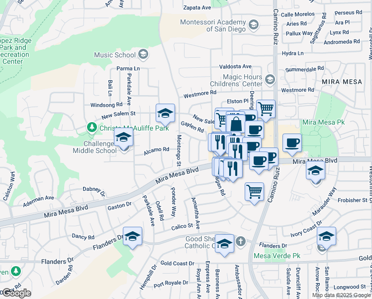 map of restaurants, bars, coffee shops, grocery stores, and more near 10762 Fenwick Road in San Diego