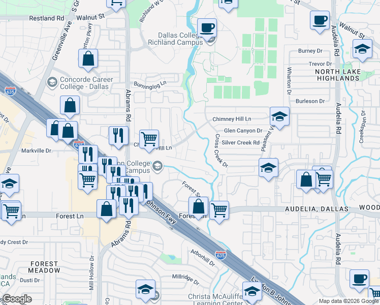 map of restaurants, bars, coffee shops, grocery stores, and more near 9800 Baseline Drive in Dallas