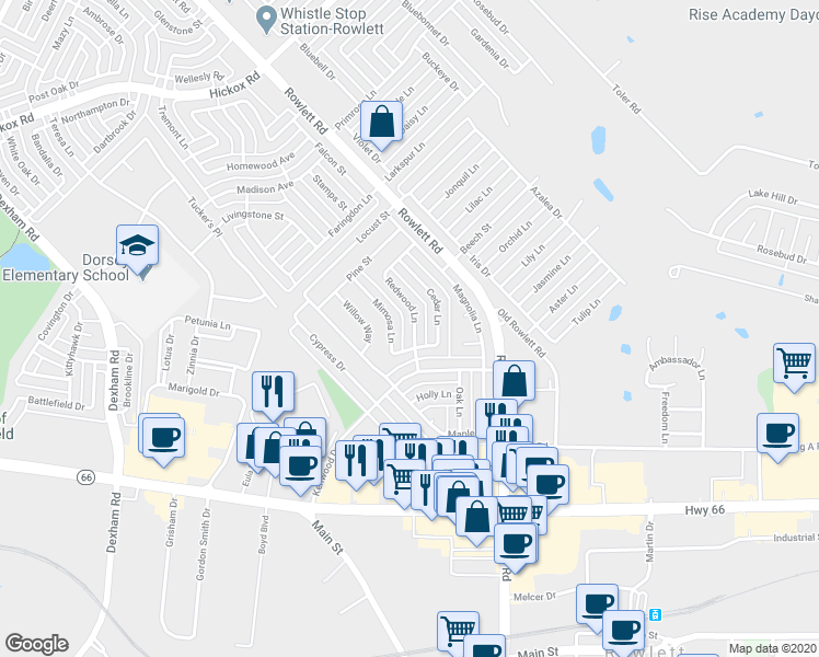 map of restaurants, bars, coffee shops, grocery stores, and more near 5808 Redwood Lane in Rowlett