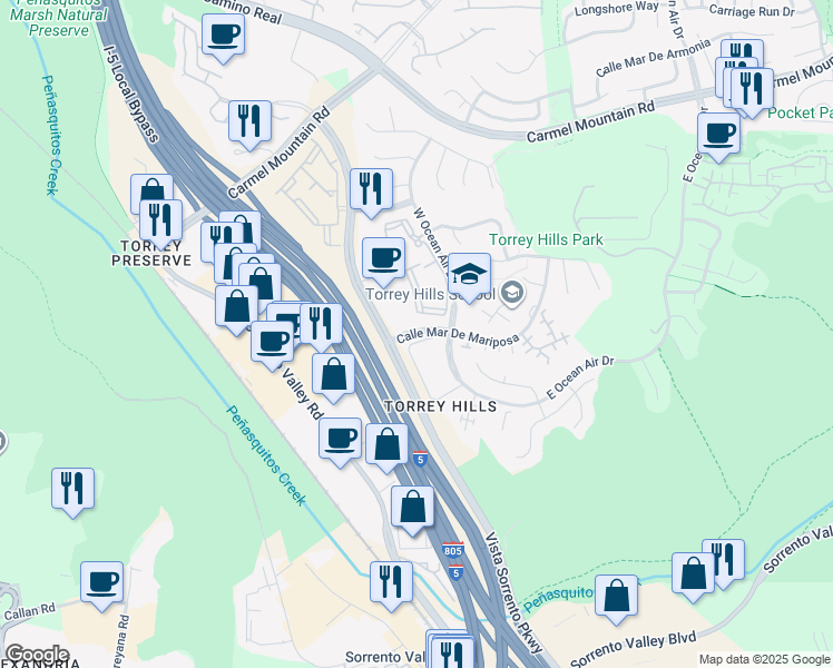 map of restaurants, bars, coffee shops, grocery stores, and more near 10635 Calle Mar De Mariposa in San Diego