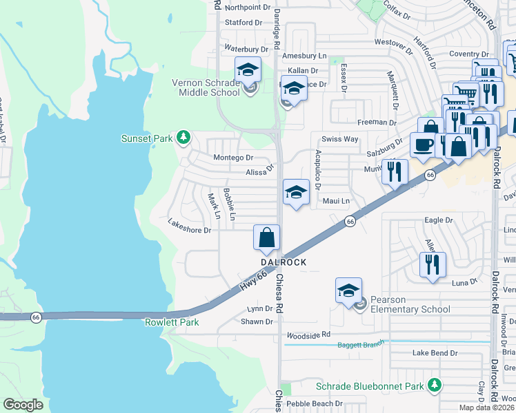 map of restaurants, bars, coffee shops, grocery stores, and more near 7214 Timberline Drive in Rowlett