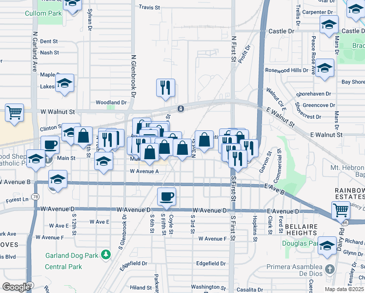 map of restaurants, bars, coffee shops, grocery stores, and more near 303 Main Street in Garland