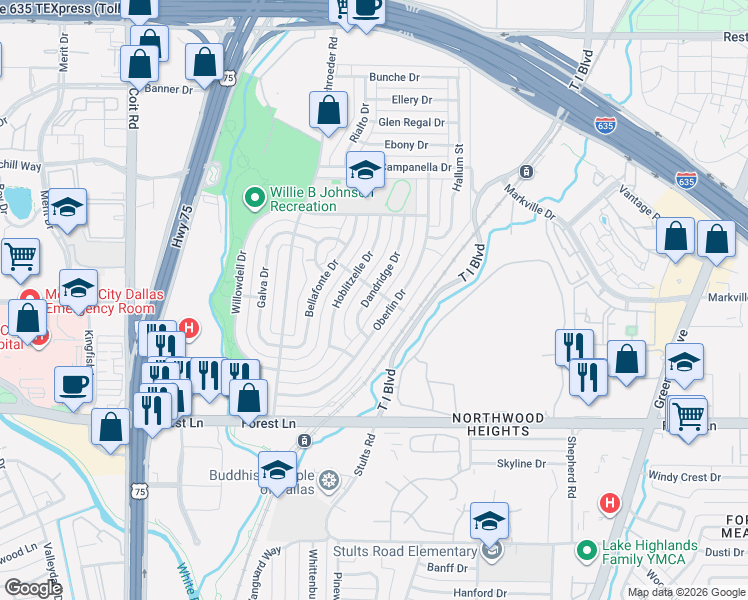 map of restaurants, bars, coffee shops, grocery stores, and more near 12140 Dandridge Drive in Dallas