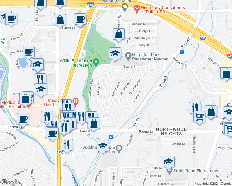map of restaurants, bars, coffee shops, grocery stores, and more near 12028 Hoblitzelle Drive in Dallas