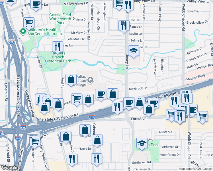 map of restaurants, bars, coffee shops, grocery stores, and more near 2870 Meadow Port Drive in Farmers Branch