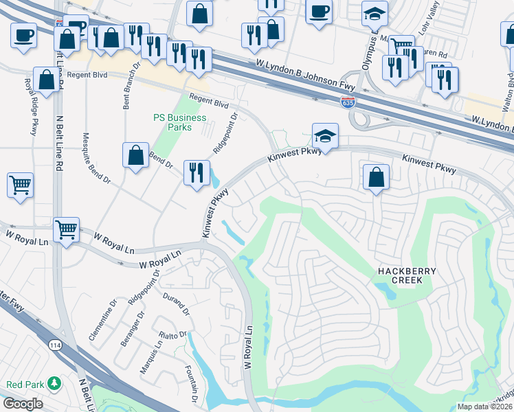 map of restaurants, bars, coffee shops, grocery stores, and more near 7614 Lakecrest Circle in Irving