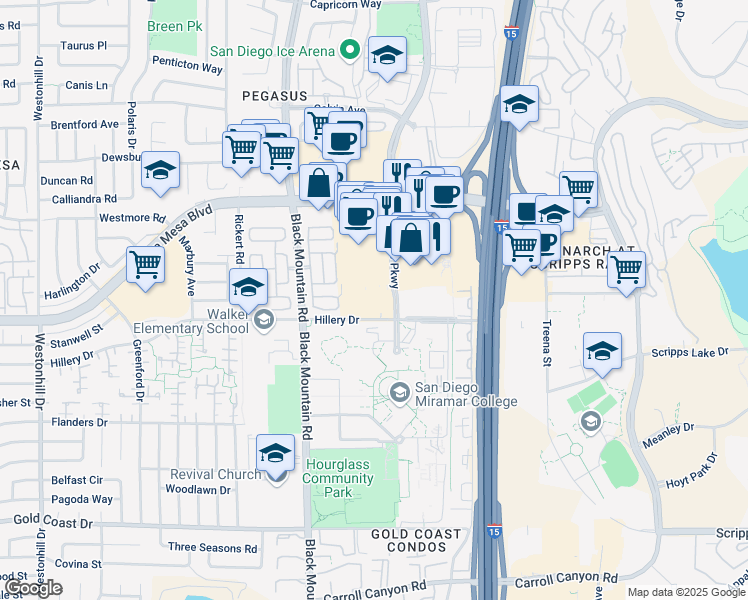 map of restaurants, bars, coffee shops, grocery stores, and more near 10604 Westview Parkway in San Diego