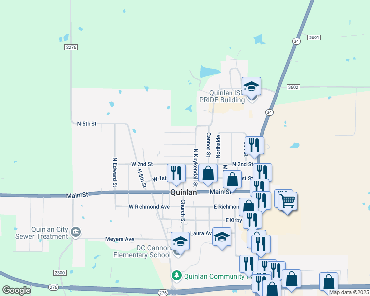 map of restaurants, bars, coffee shops, grocery stores, and more near 115 Cagle in Quinlan