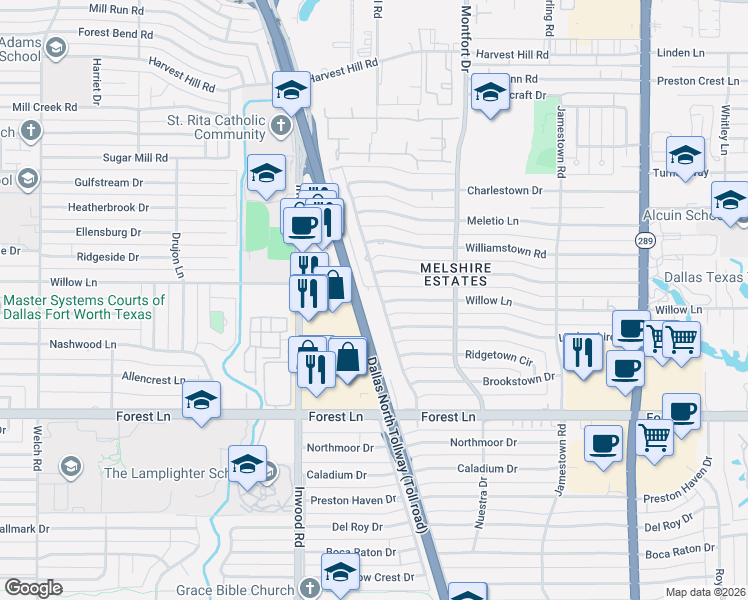 map of restaurants, bars, coffee shops, grocery stores, and more near 5509 Lindenshire Lane in Dallas