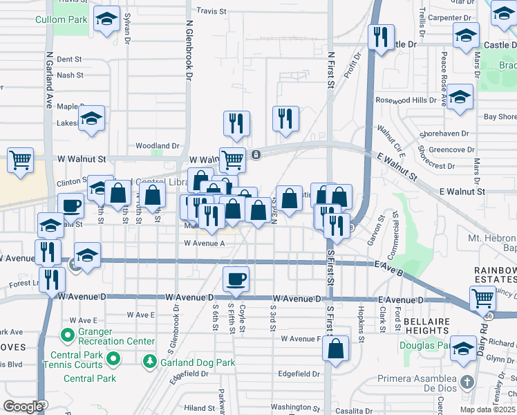 map of restaurants, bars, coffee shops, grocery stores, and more near 250 North 5th Street in Garland