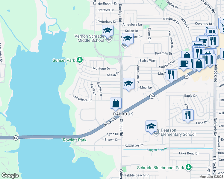 map of restaurants, bars, coffee shops, grocery stores, and more near 7214 Timberline Drive in Rowlett